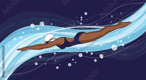 A swimmer glides through the water with streamlined motion and aquatic waves.