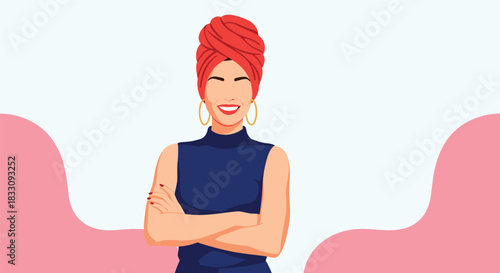 Confident woman wearing a red turban and hoop earrings, arms crossed, with pink abstract shapes in the background.