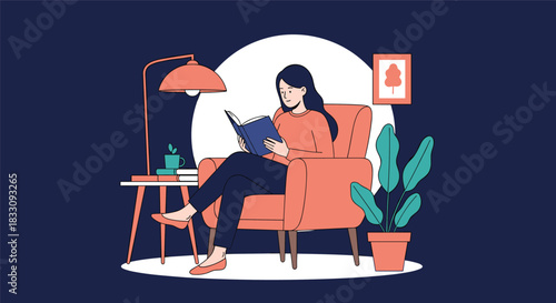 A young woman relaxing in a comfortable armchair, reading a book by the warm glow of a lamp.
