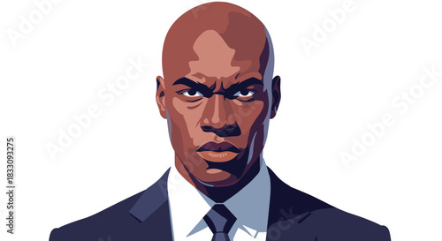 Serious bald black man in a dark suit and tie stares intensely at the viewer with furrowed brows.