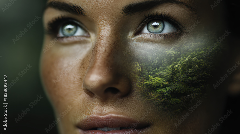 Fototapeta premium Hopeful woman face with forest surreal concept for nature and environment. Human future connection to earth with hope and vision