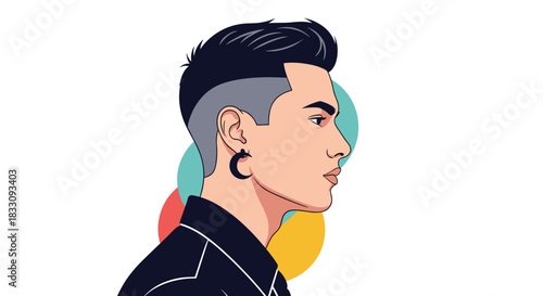 Pixel art portrait of a young man with a stylish haircut and crescent moon earring, set against colorful circles.