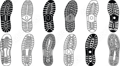 Collection of twelve diverse black and white shoe sole imprints and patterns footprint