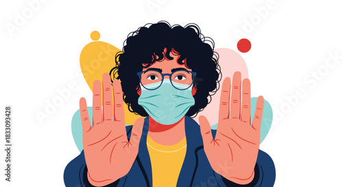 Person wearing a face mask holds up hands to signal stop or caution against disease.