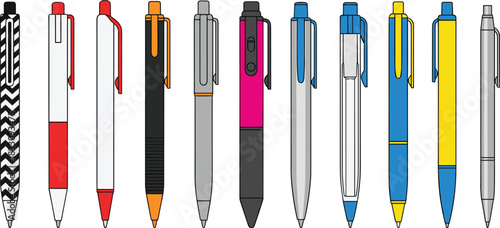 Collection of ten colorful pens with various designs and clips writing instrument