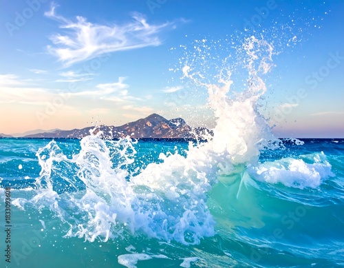 Fototapeta Naklejka Na Ścianę i Meble -  Crashing wave in aqua sea under light blue sky with clouds and distant land