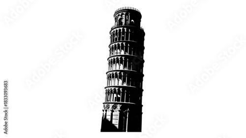 Illustration of the leaning tower of pisa in black and white with a distinctive tilt against white backdrop