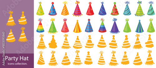 party hat icons set,Birthday Icons Set. Birthday Gifts. Filled icon set of Birthday Gifts: birthday box, ribbon bow, cake,