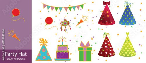 party hat icons set,Birthday Icons Set. Birthday Gifts. Filled icon set of Birthday Gifts: birthday box, ribbon bow, cake,