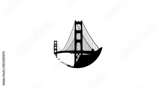 Silhouette of the golden gate bridge in a circular frame against a white background with water below