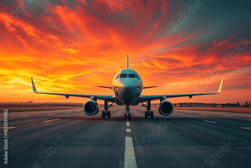 Commercial airliner on runway at golden hour with dramatic sunset sky, vibrant orange and blue tones, front aircraft view, airport tarmac and distant city skyline.
