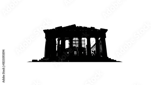 Silhouette of the parthenon in athens greece showing the columns and the ruins against a white background