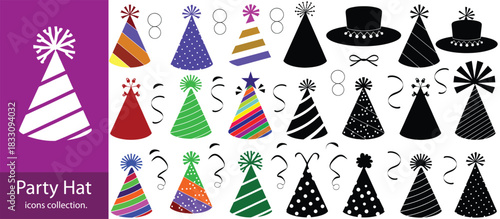 party hat icons set,Birthday Icons Set. Birthday Gifts. Filled icon set of Birthday Gifts: birthday box, ribbon bow, cake,