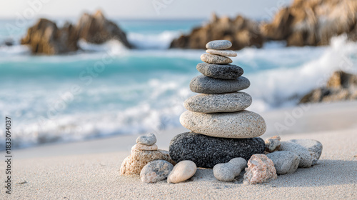 Fototapeta Naklejka Na Ścianę i Meble -  Serene stack of zen rock and stone show balance on calm sandy beach with ocean sea in background. symbol of peace and harmony