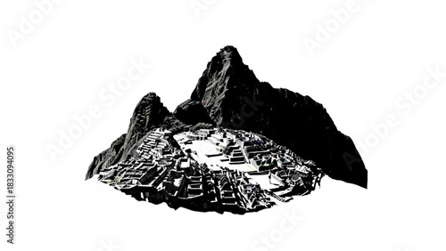 Illustration of machu picchu ruins nestled in andean mountains with a white background and black shading