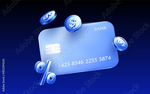3d blue glossy credit card illustration with floating dollar coins and a percentage symbol, representing banking, finance, interest rates, and digital payments. Vector illustration