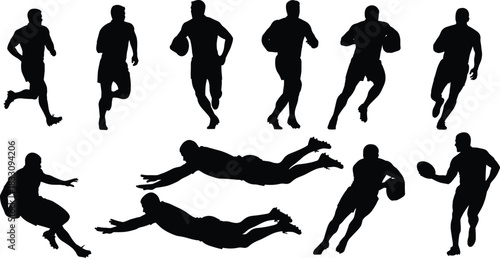 Silhouettes of rugby athletes running, diving, and tackling with ball, demonstrating dynamic motion, action poses, competitive sports movement, and athletic performance