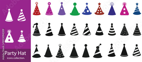 party hat icons set,Birthday Icons Set. Birthday Gifts. Filled icon set of Birthday Gifts: birthday box, ribbon bow, cake,