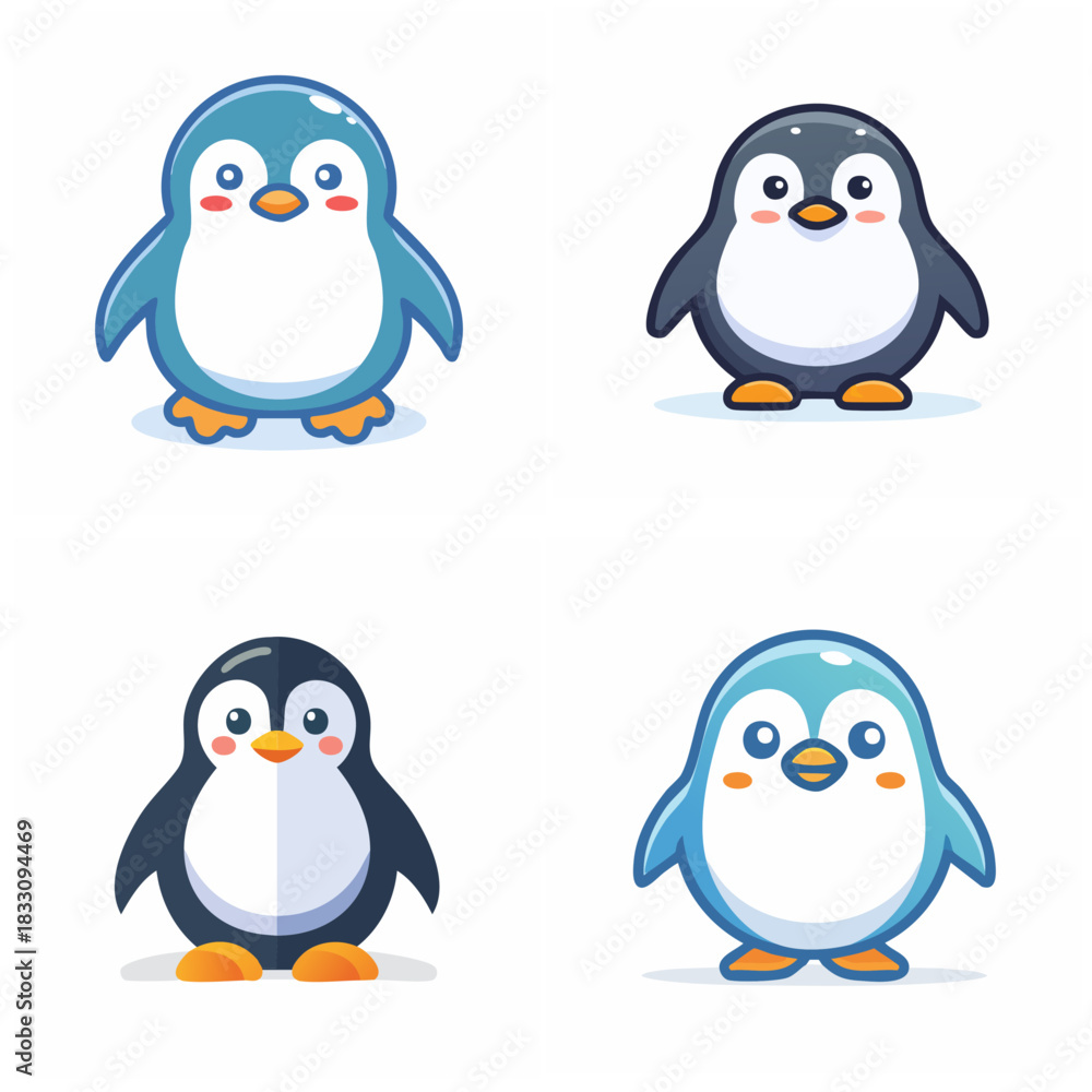 Fototapeta premium Cartoon penguins in various poses on a white background illustration for design and educational purposes