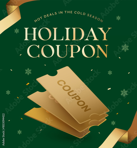 3d elegant holiday coupon design with gold tickets, green background, snowflakes, and festive ribbon accents for seasonal promotions. Vector illustration