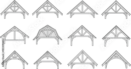 Collection of timber frame gable designs showing architectural trusses, wood framing structures, roof patterns, construction elements, decorative beams, and structural details