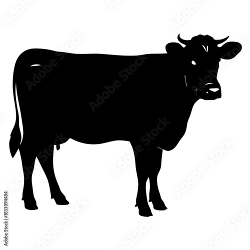 Silhouette of a cow standing in profile with visible horns and tail on a white background image art
