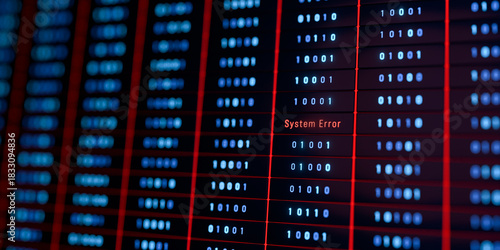 Foto Error warning sign, datacenter, data processing, system failure, binary code, supercomputer, big data