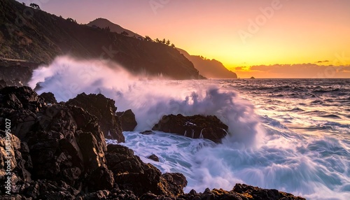 Fototapeta Naklejka Na Ścianę i Meble -  Crashing waves against a rocky shore under a golden sunset glow