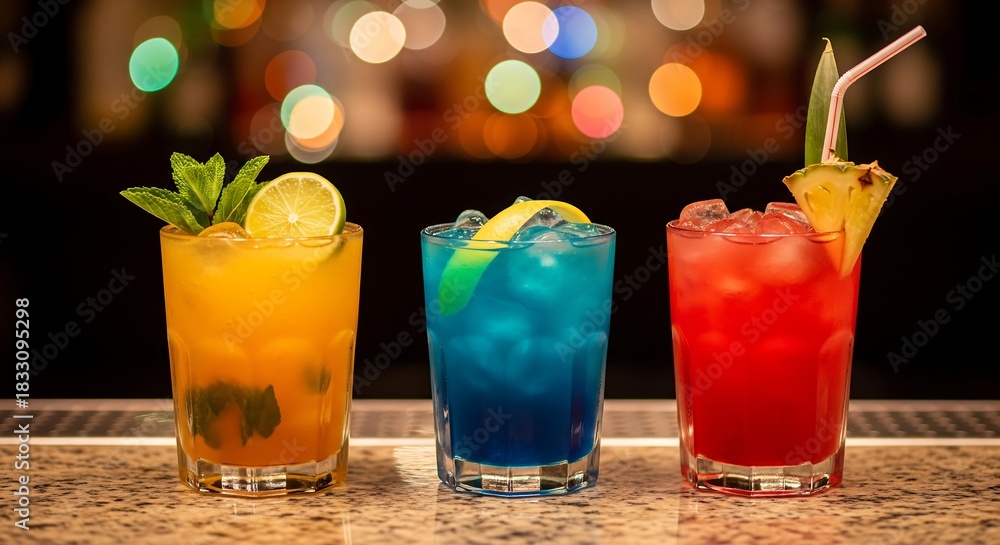 Naklejka premium Colorful cocktails in a row on a bar top offer refreshing summer drinks with citrus fruit and herbal garnishes for tropical vacation