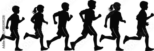 Silhouettes of children running in a line wearing t-shirts and shorts kids race