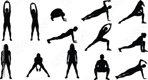 Silhouettes of people performing various stretching and exercise poses fitness yoga