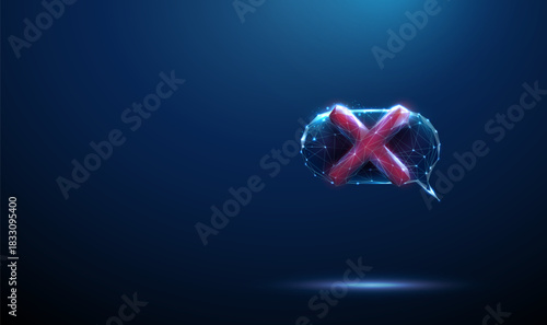 Speech bubble with red cross mark inside. Communication error, incorrect answer, blocked message, misunderstanding, prohibition, failed request concept.