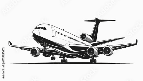 An airliner or jet aircraft is depicted in various flight scenarios, including takeoff, landing, and flying across the sky for commercial passenger transportation or as a vector illustration