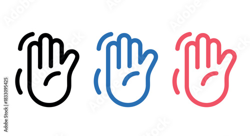 Three stylized icons of a waving hand in black, blue, and red, representing greetings and communication.