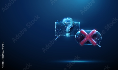 Speech bubbles with question mark and red cross symbol. Communication breakdown, unanswered questions, disagreement, refusal, feedback analysis, decision making, problem identification concept