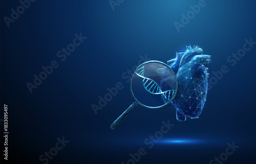 3d blue heart with magnifying glass and DNA inside. Genetic research, hereditary disease detection, biotechnology, healthcare innovation concept.