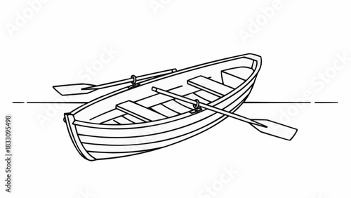 Detailed Line Art Illustration of a Rowboat with Oars.