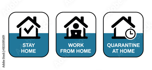 Three icons represent Stay Home, Work From Home, and Quarantine At Home, illustrating social distancing measures.