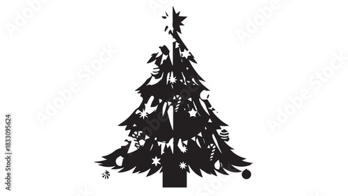 Silhouette of a tall pine tree in a stark, white background showcasing evergreen conifer form and winter ambiance.