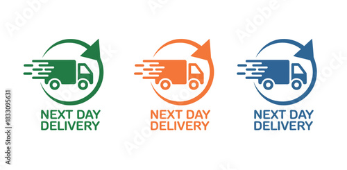 Three distinct colored icons represent next day delivery services, featuring a speeding truck within a circular arrow.
