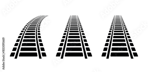 Three sets of train tracks, one curved and two straight, on a white background.
