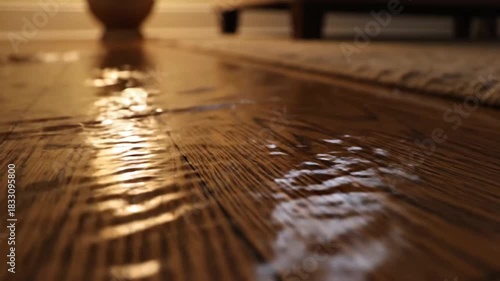 Close-up of Water Rippling on Wooden Floor with Warm Ambient Lighting