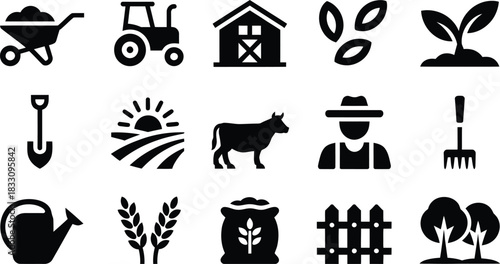 Collection of black silhouette farming and agriculture icons depicting tools livestock crops and landscape elements for agricultural or rural themed designs and illustrations