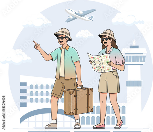 couple tourist traveler journey holiday vacation traveling destination airport transit vector template illustration