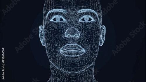 Digital Wireframe Human Face Hologram Technology Concept.