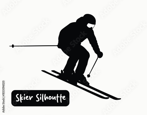 Dynamic monochrome vector illustration of a downhill skier in full motion, showcasing the thrill of winter sports and mountain adventures on snowy slopes