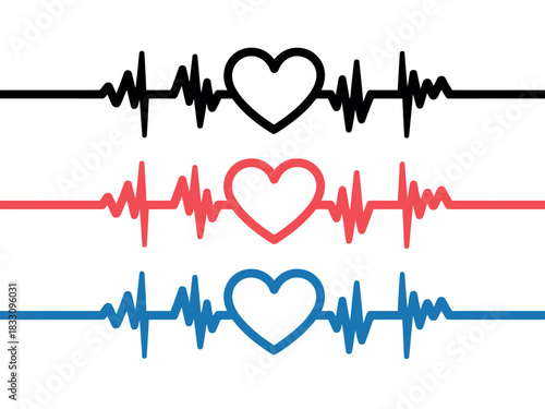 Three stylized electrocardiogram lines with hearts in black, red, and blue represent vital signs.