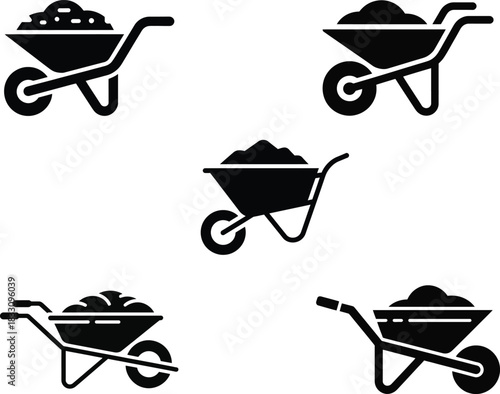 Collection of wheelbarrow icons representing construction gardening or landscaping depicting various angles and fill levels in a simple black and white vector format
