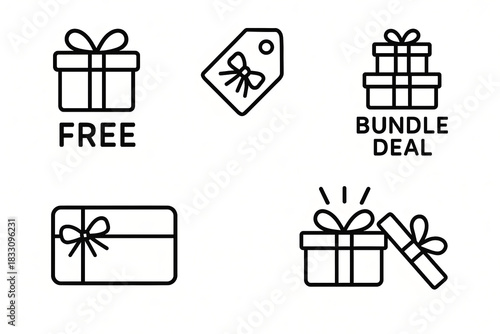 A collection of simple line icons for shopping promotions, free gifts, and sales