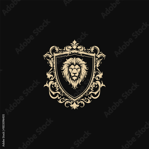 Luxury vintage heraldic shield featuring a powerful lion head centerpiece, framed by elaborate baroque and filigree decorations